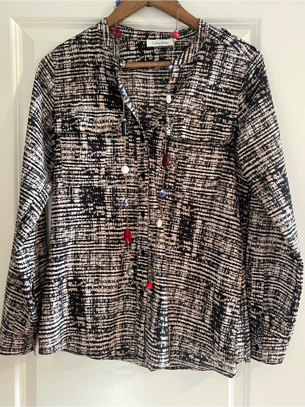 Calvin Klein Black and White Textured-Print Button-Front Shirt